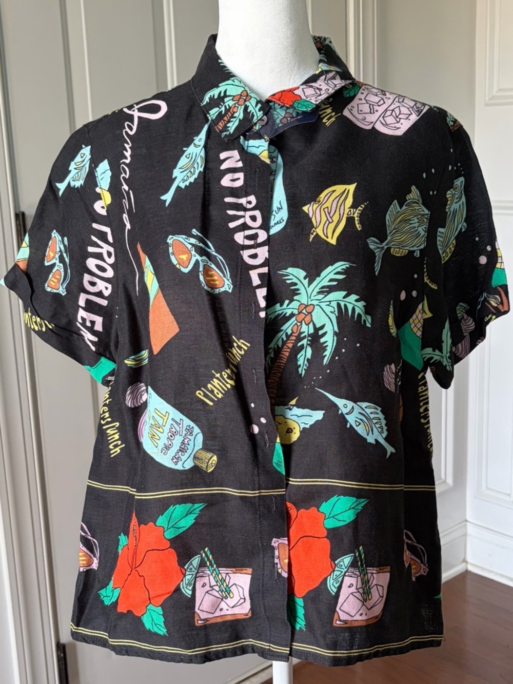 Vintage Nicole Miller Novelty Jamaica Print Linen Shirt Size Large